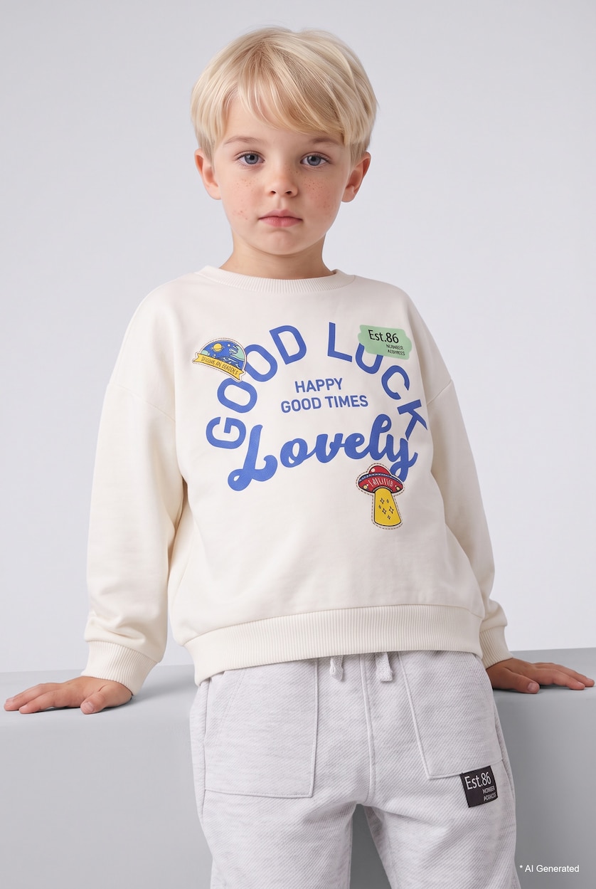BÉBÉ GARÇON Écru Sweatshirt oversize à col rond imprimé pour bébé garçon
