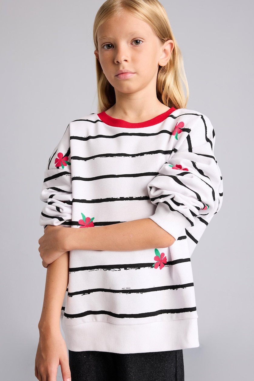 GIRLS & TEENS White Girl Relax Fit Striped & Floral Sweatshirt