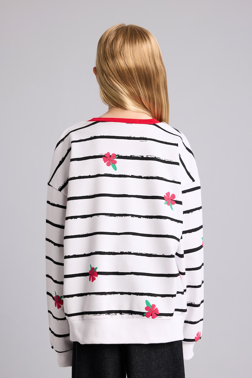 GIRLS & TEENS White Girl Relax Fit Striped & Floral Sweatshirt