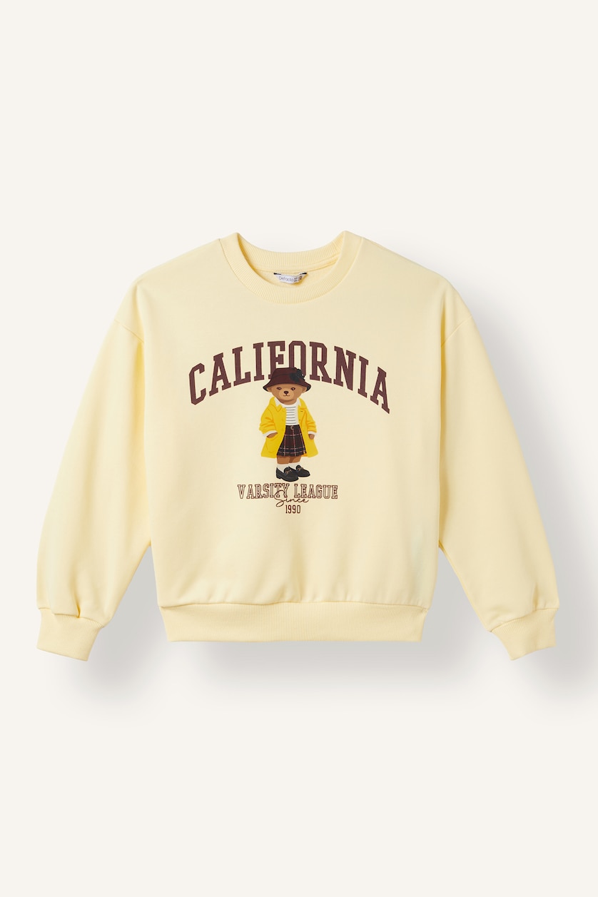 Young Girls - Teen Girls Light Yellow Relax Fit Animal Print Crew Neck Sweatshirt