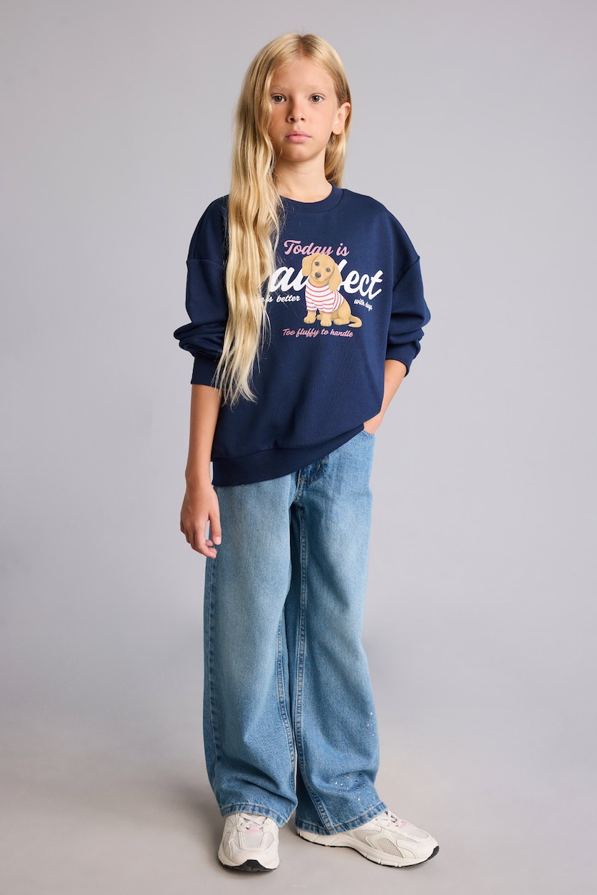 Young Girls - Teen Girls NAVY Relax Fit Animal Crew Neck Sweatshirt