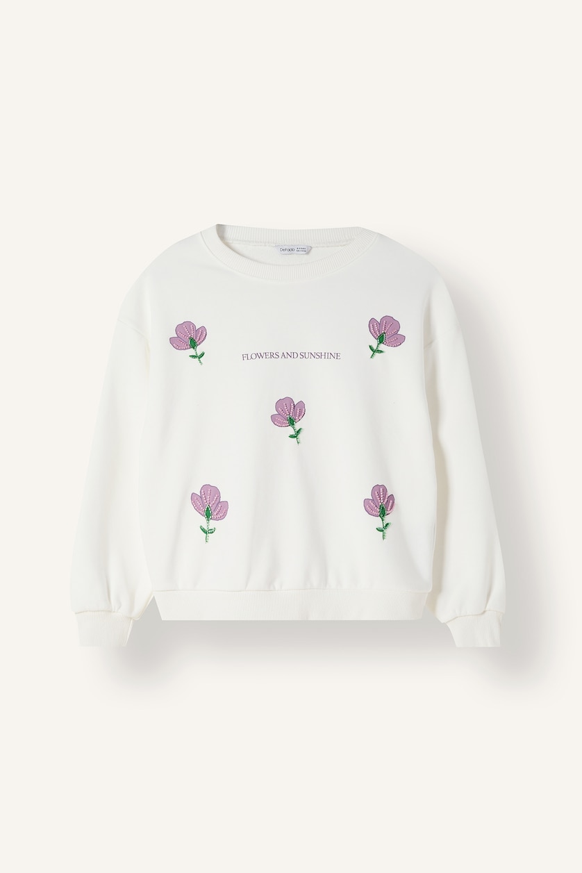 Kız Çocuk - Genç Kız Ekru Relax Fit Çiçekli Sweatshirt Kız Çocuk