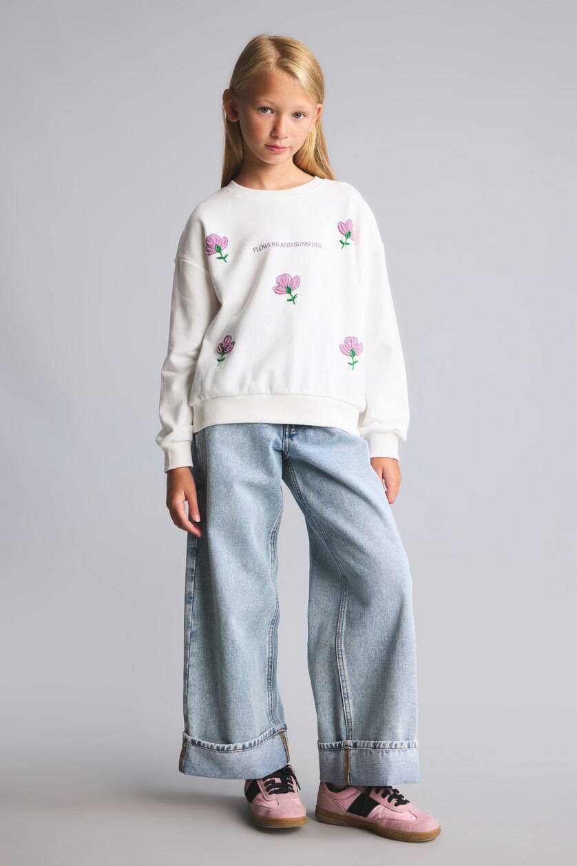 GIRLS & TEENS Ecru Girl Relaxed Fit Embroidered Floral Crew Neck Sweatshirt