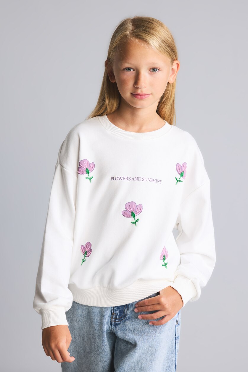 GIRLS & TEENS Ecru Girl Relaxed Fit Embroidered Floral Crew Neck Sweatshirt