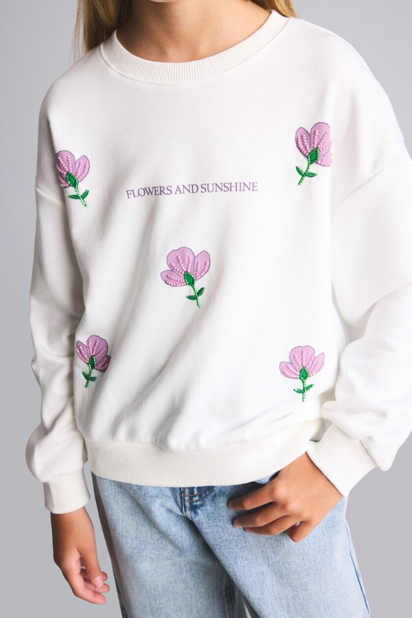 GIRLS & TEENS Ecru Girl Relaxed Fit Embroidered Floral Crew Neck Sweatshirt