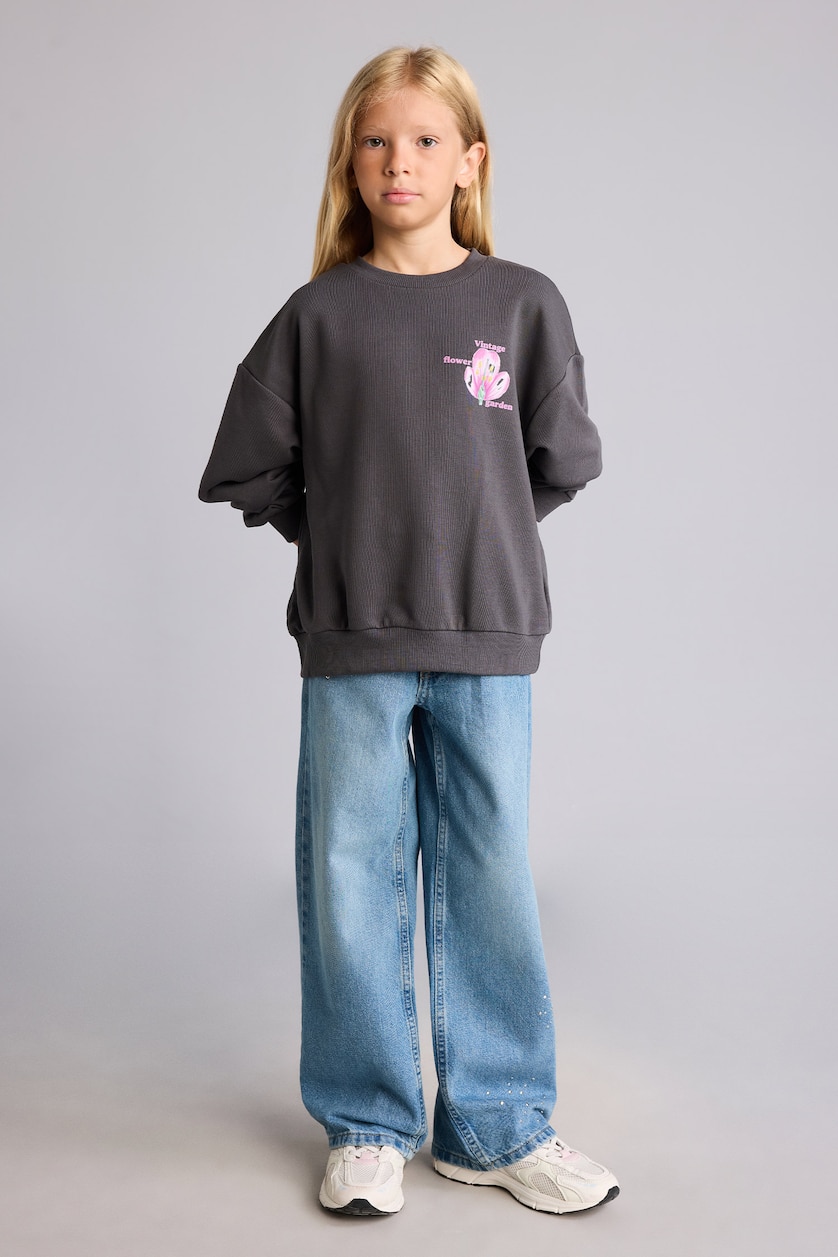 Young Girls - Teen Girls Anthracite Relax Fit Floral Crew Neck Sweatshirt