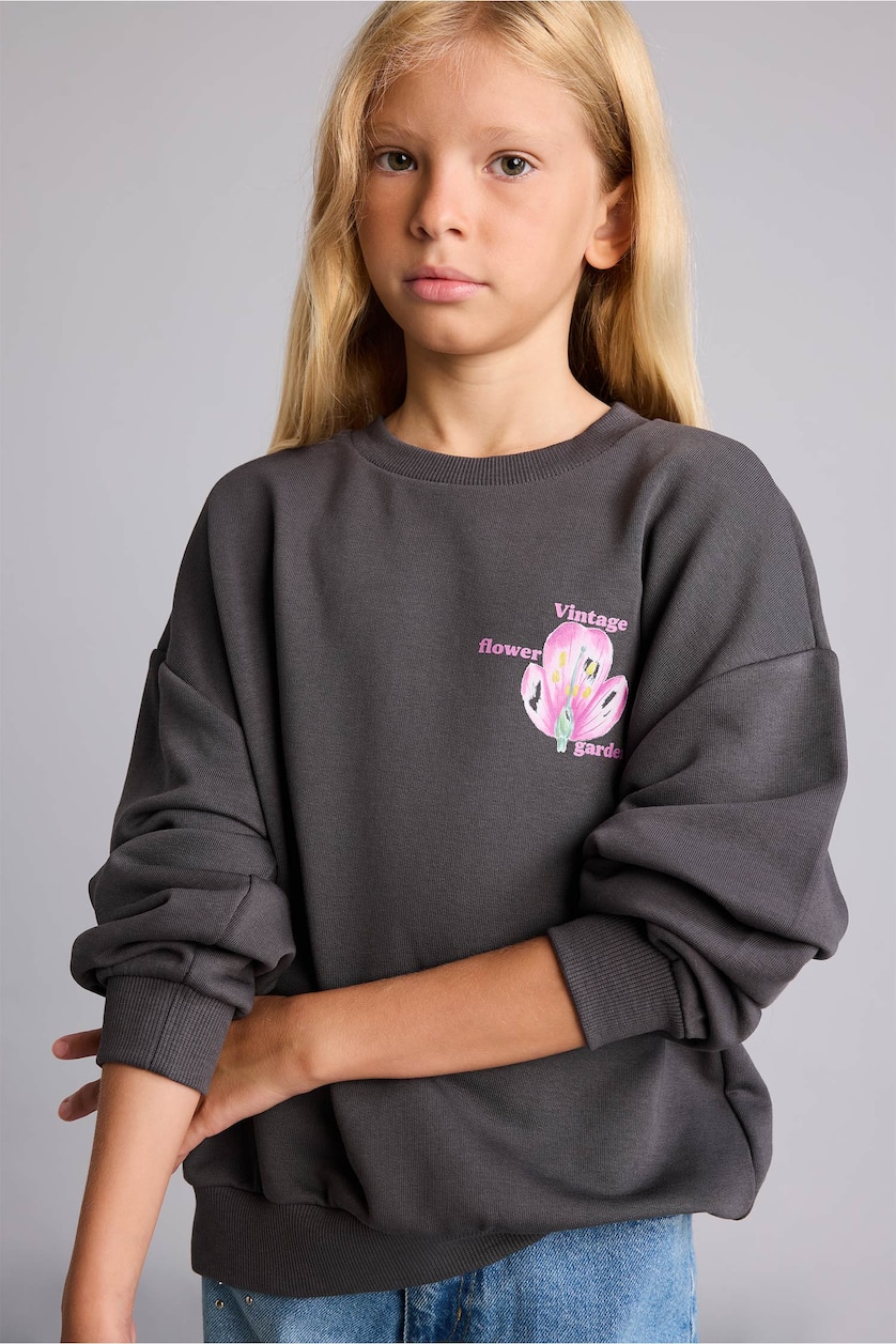 Young Girls - Teen Girls Anthracite Relax Fit Floral Crew Neck Sweatshirt