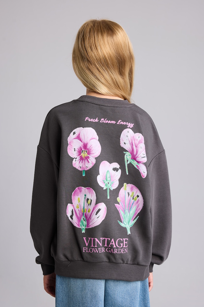 Young Girls - Teen Girls Anthracite Relax Fit Floral Crew Neck Sweatshirt