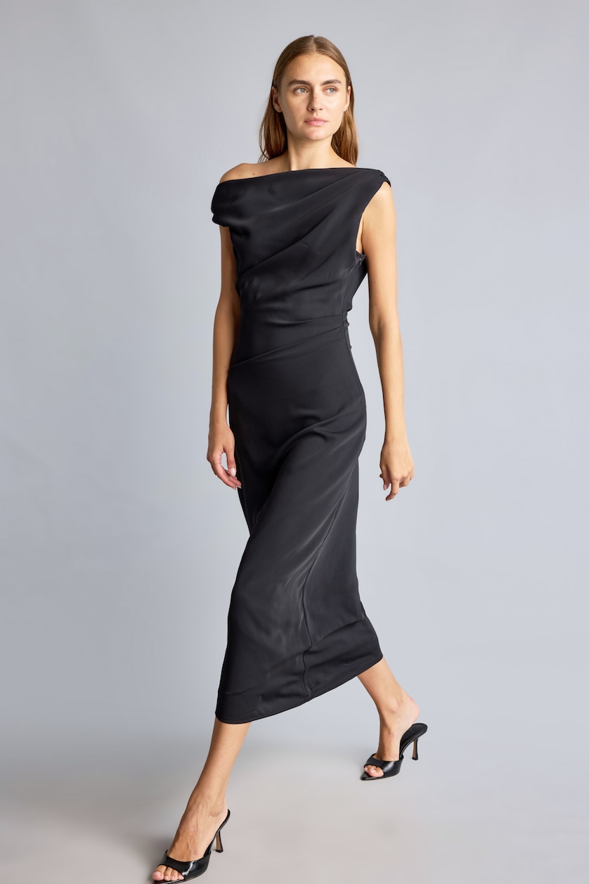 WOMAN Black Side Shirred Boat Neck Crepe Sleeveless Midi Dress
