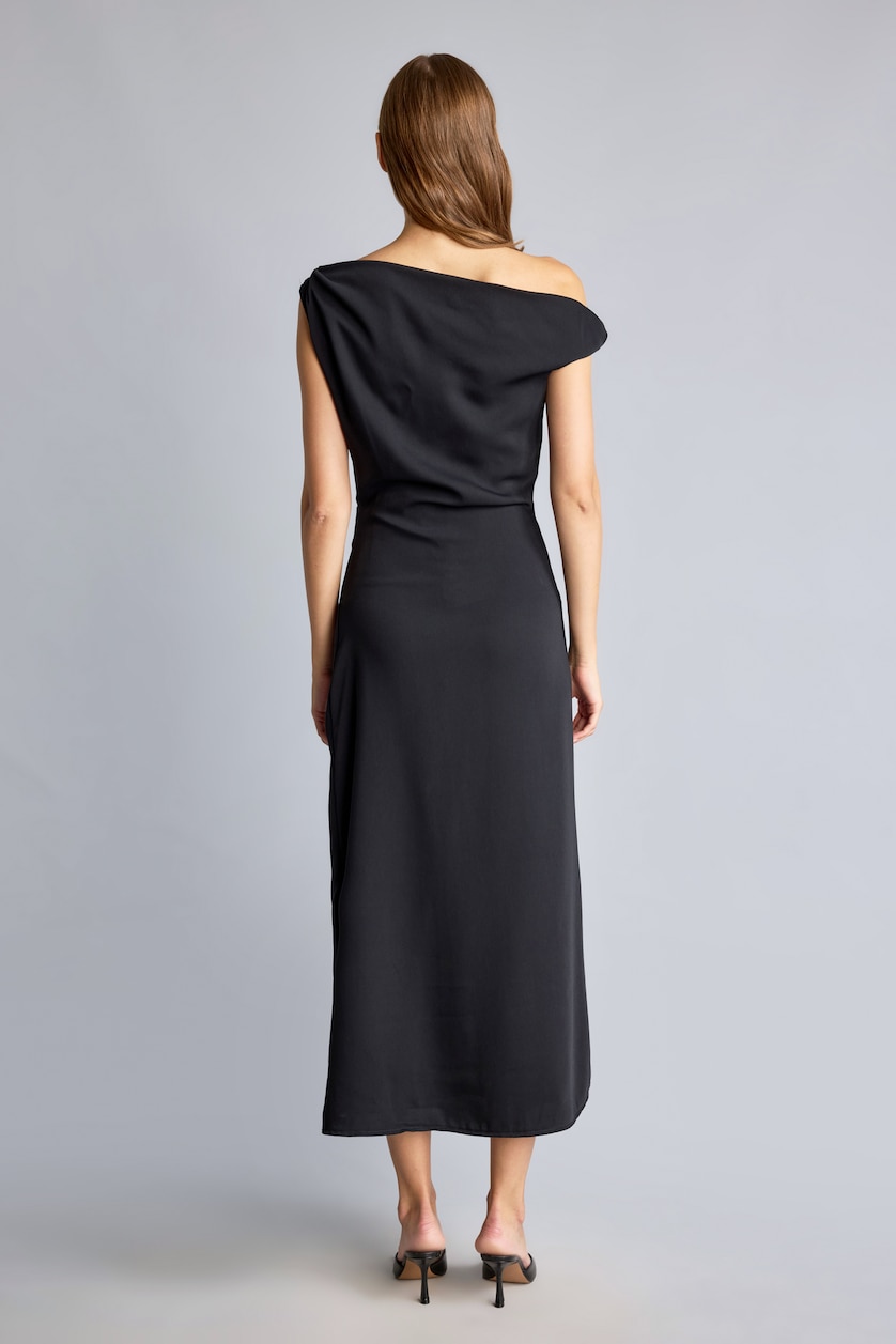 WOMAN Black Side Shirred Boat Neck Crepe Sleeveless Midi Dress