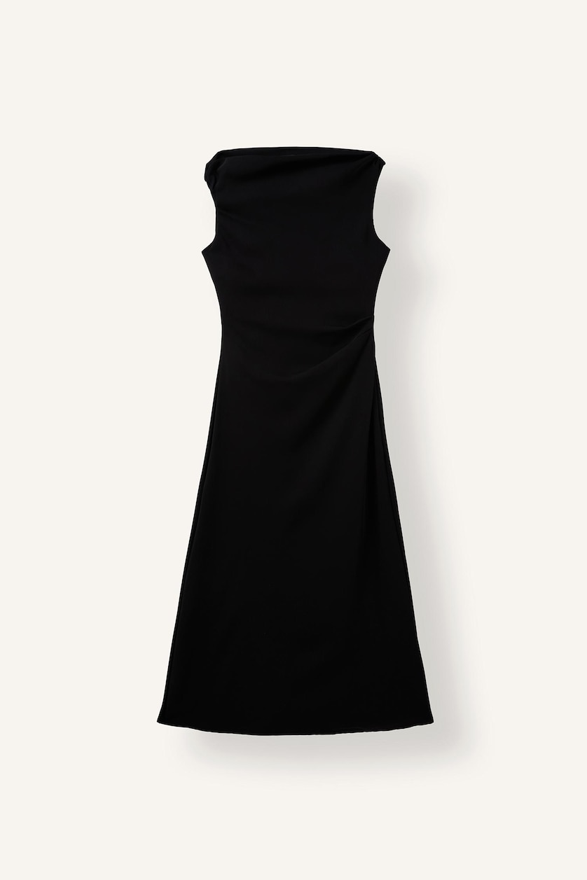 WOMAN Black Side Shirred Boat Neck Crepe Sleeveless Midi Dress