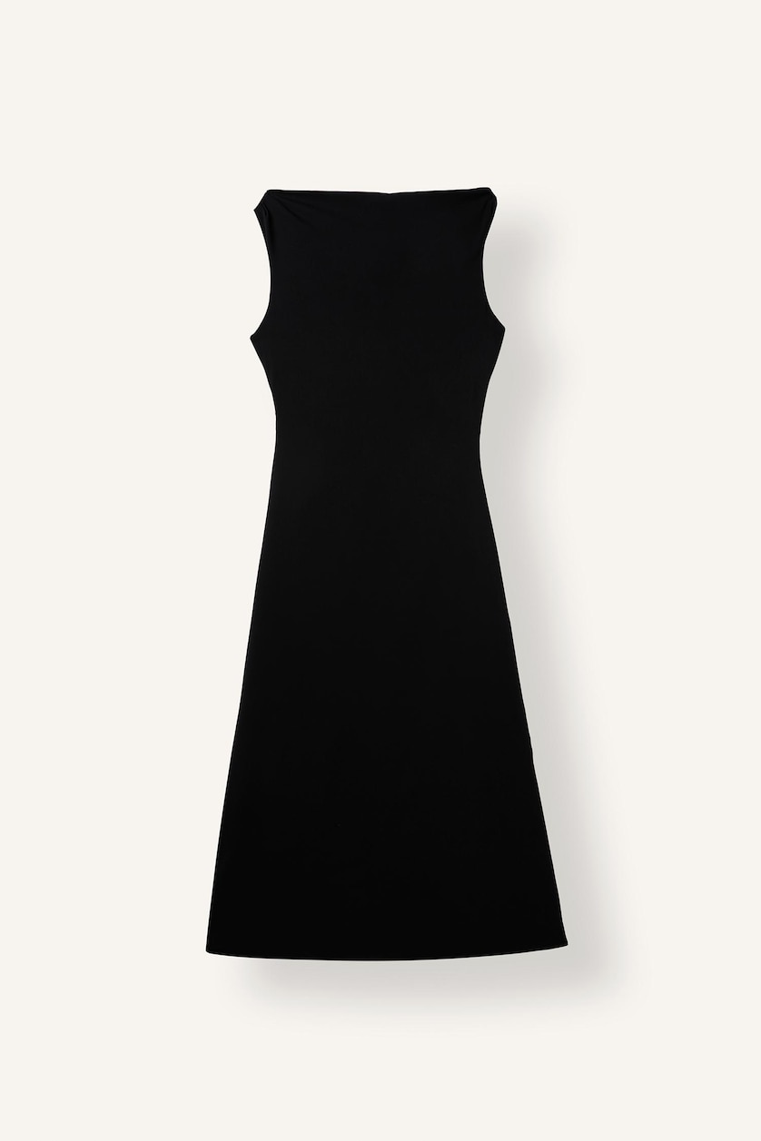 WOMAN Black Side Shirred Boat Neck Crepe Sleeveless Midi Dress