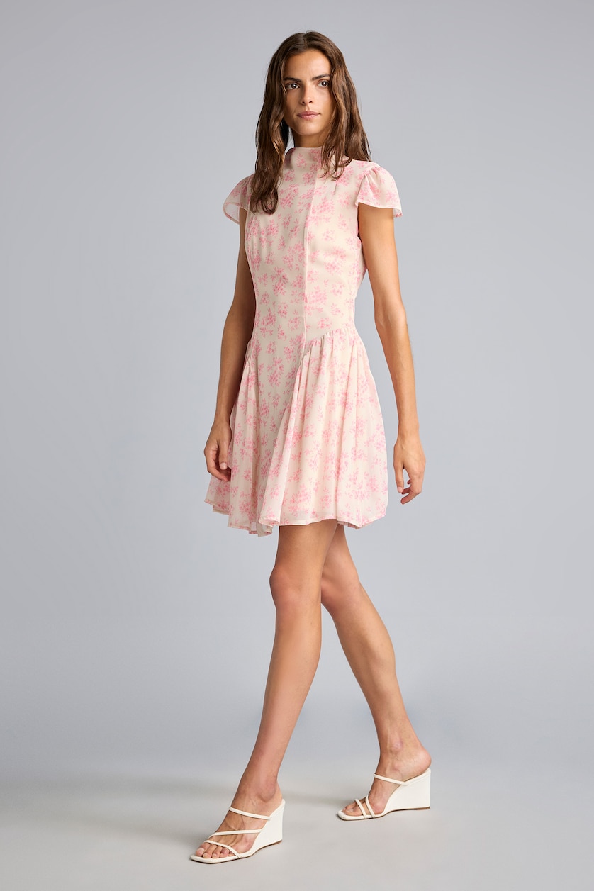 WOMAN Light Pink Mock Neck Floral Chiffon Short Sleeve Mini Dress