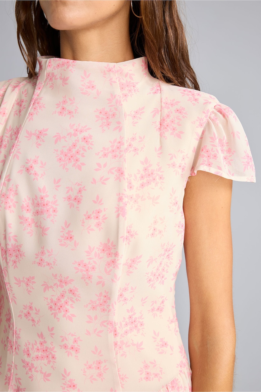 WOMAN Light Pink Mock Neck Floral Chiffon Short Sleeve Mini Dress
