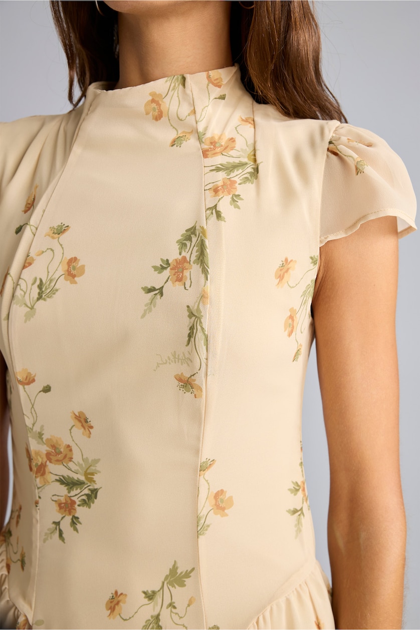 WOMAN Light Yellow Crew Neck Floral Pleated Chiffon Mini Dress