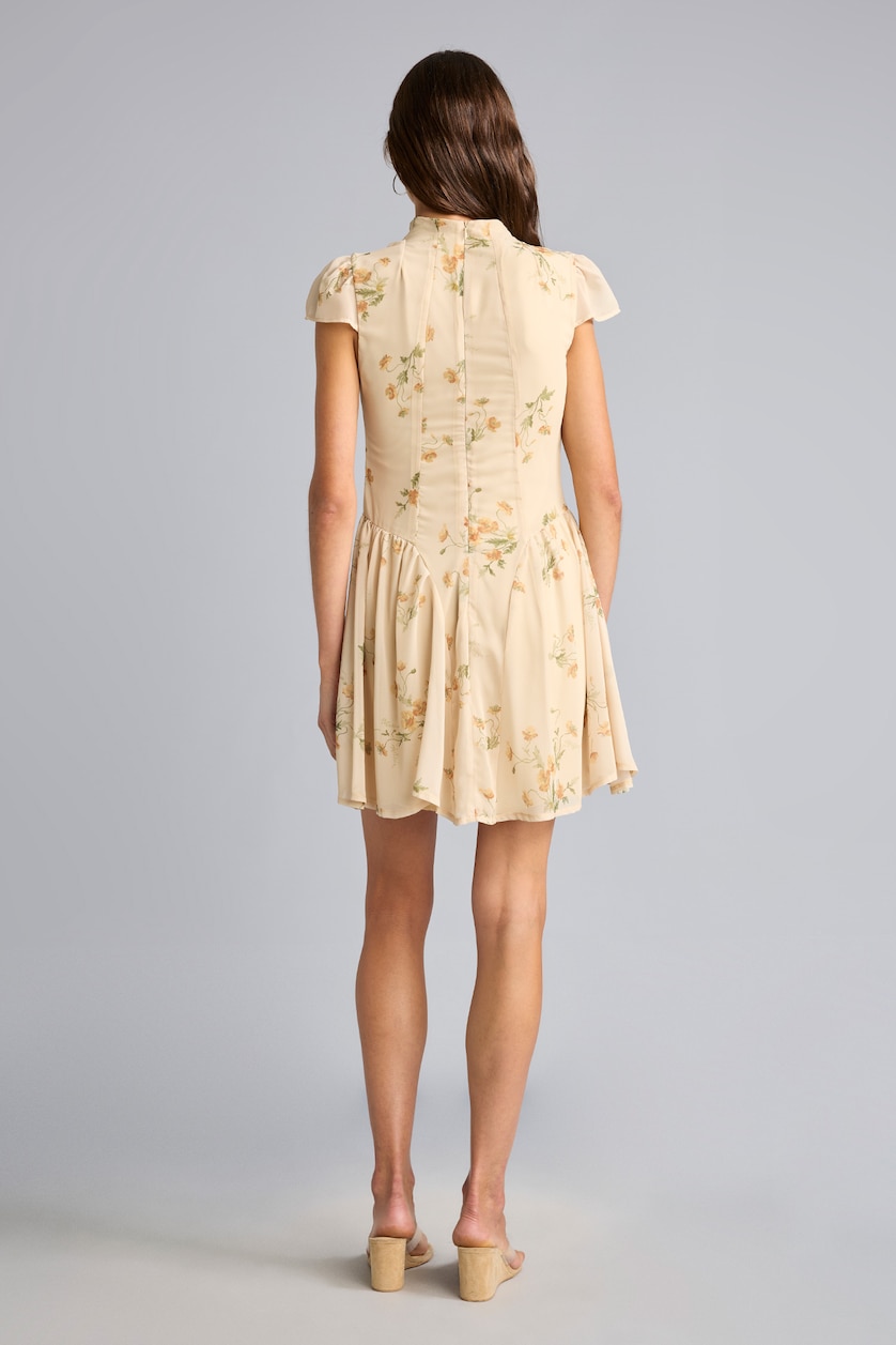 WOMAN Light Yellow Crew Neck Floral Pleated Chiffon Mini Dress