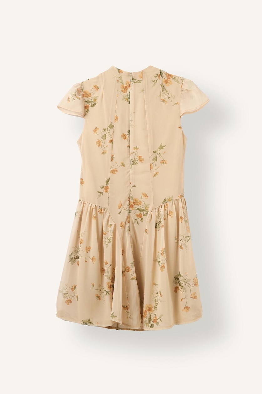 WOMAN Light Yellow Crew Neck Floral Pleated Chiffon Mini Dress