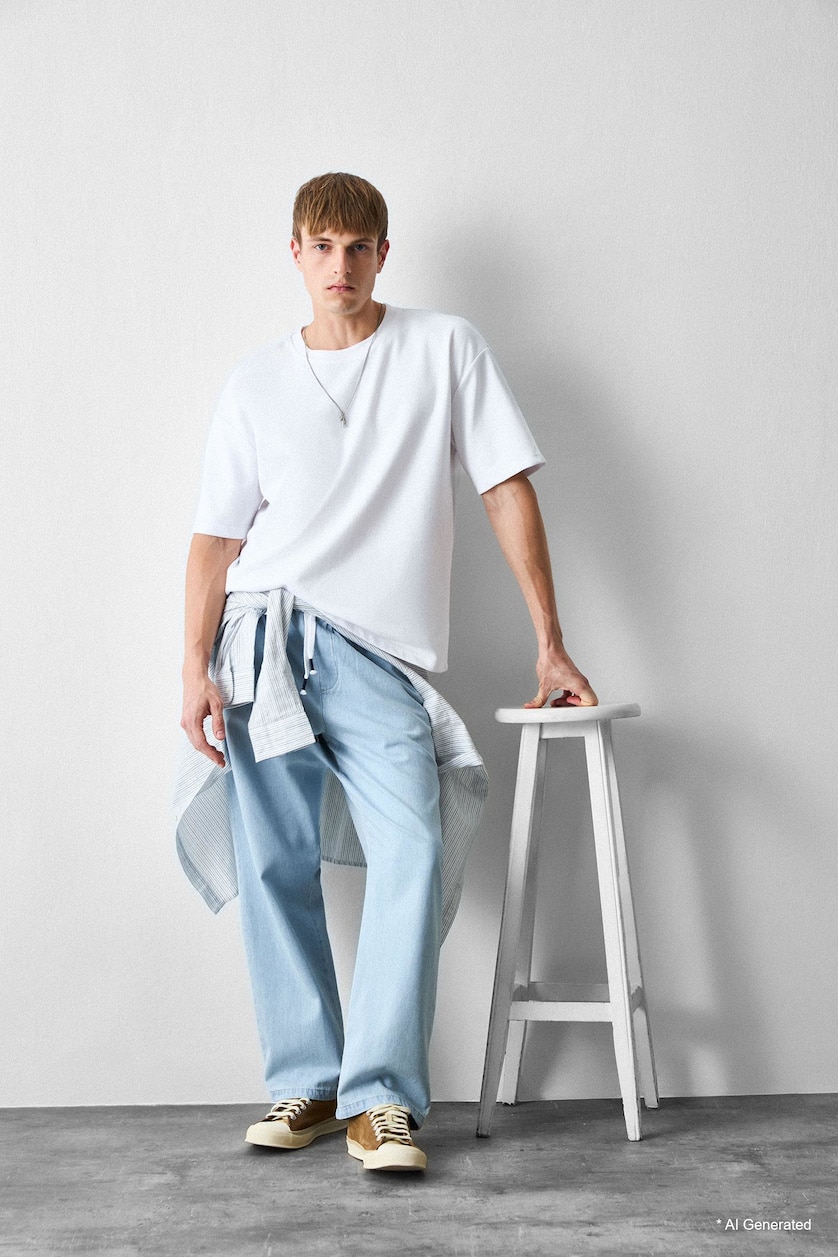 MAN Light Blue Baggy Fit Elastic Waist Blue Trousers