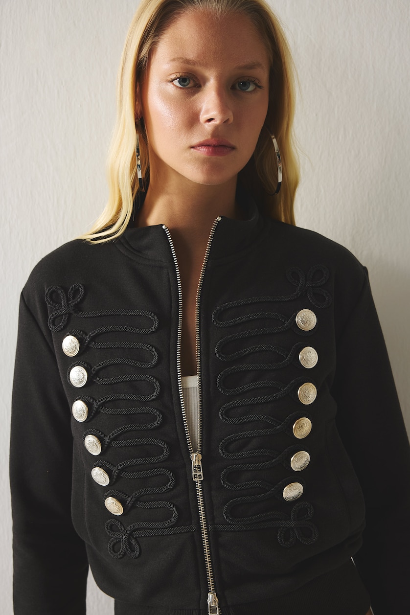 Woman Black Regular Fit Half-Zip Napoleon Cardigan