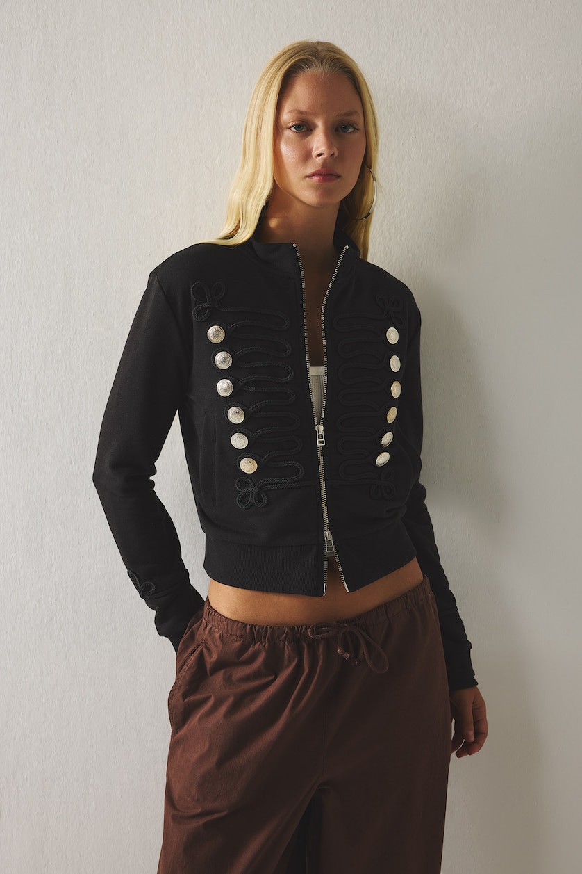 Woman Black Regular Fit Half-Zip Napoleon Cardigan