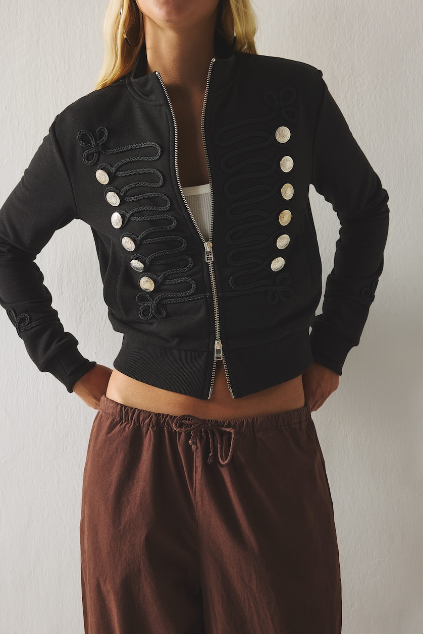Woman Black Regular Fit Half-Zip Napoleon Cardigan