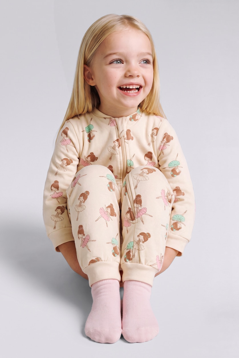 Baby Girls Ecru Woman Crew Neck Printed Jumpsuit