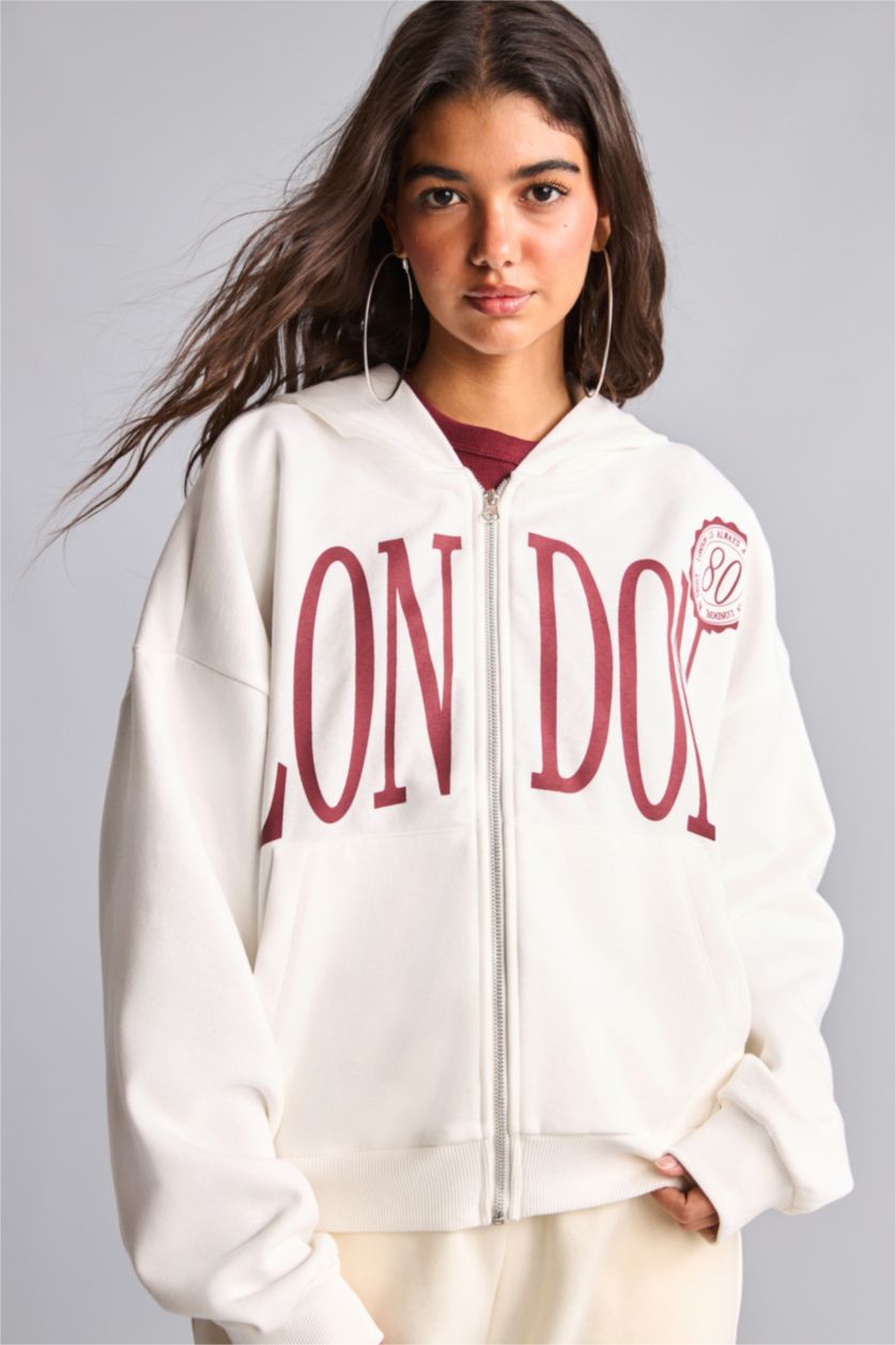 Women White Oversize Fit Thick Sweatshirt Fabric Cardigan