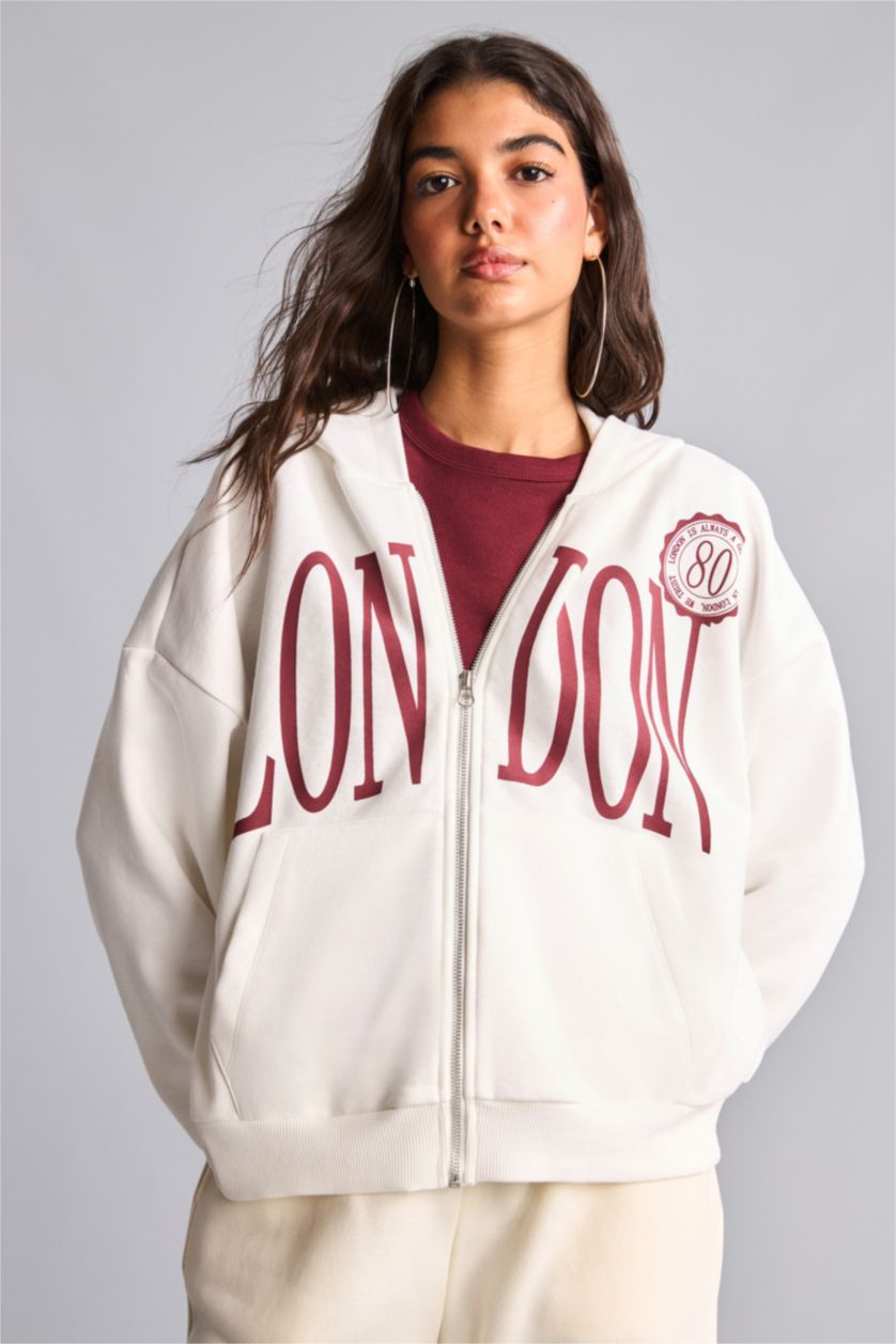 Women White Oversize Fit Thick Sweatshirt Fabric Cardigan