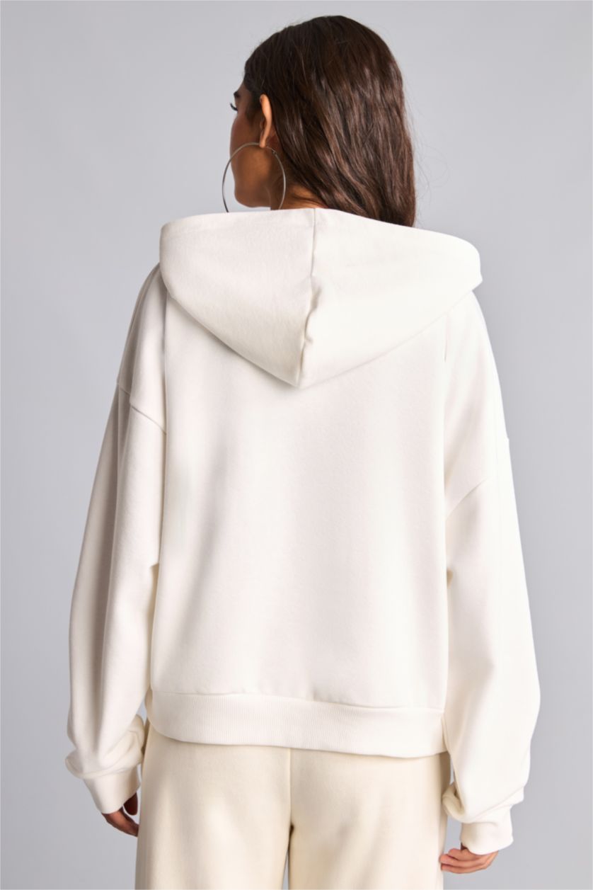 Women White Oversize Fit Thick Sweatshirt Fabric Cardigan