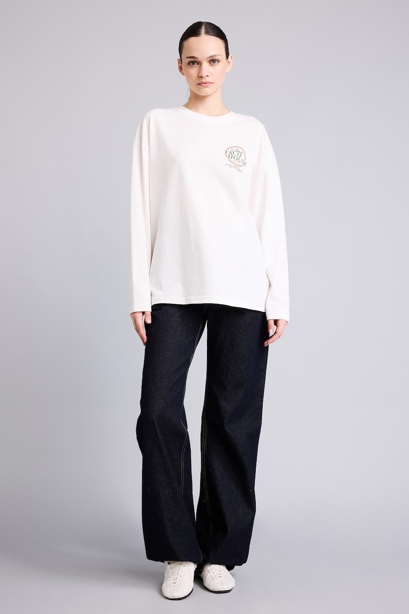 WOMAN White Oversize Crew Neck Printed Long Sleeve T-Shirt