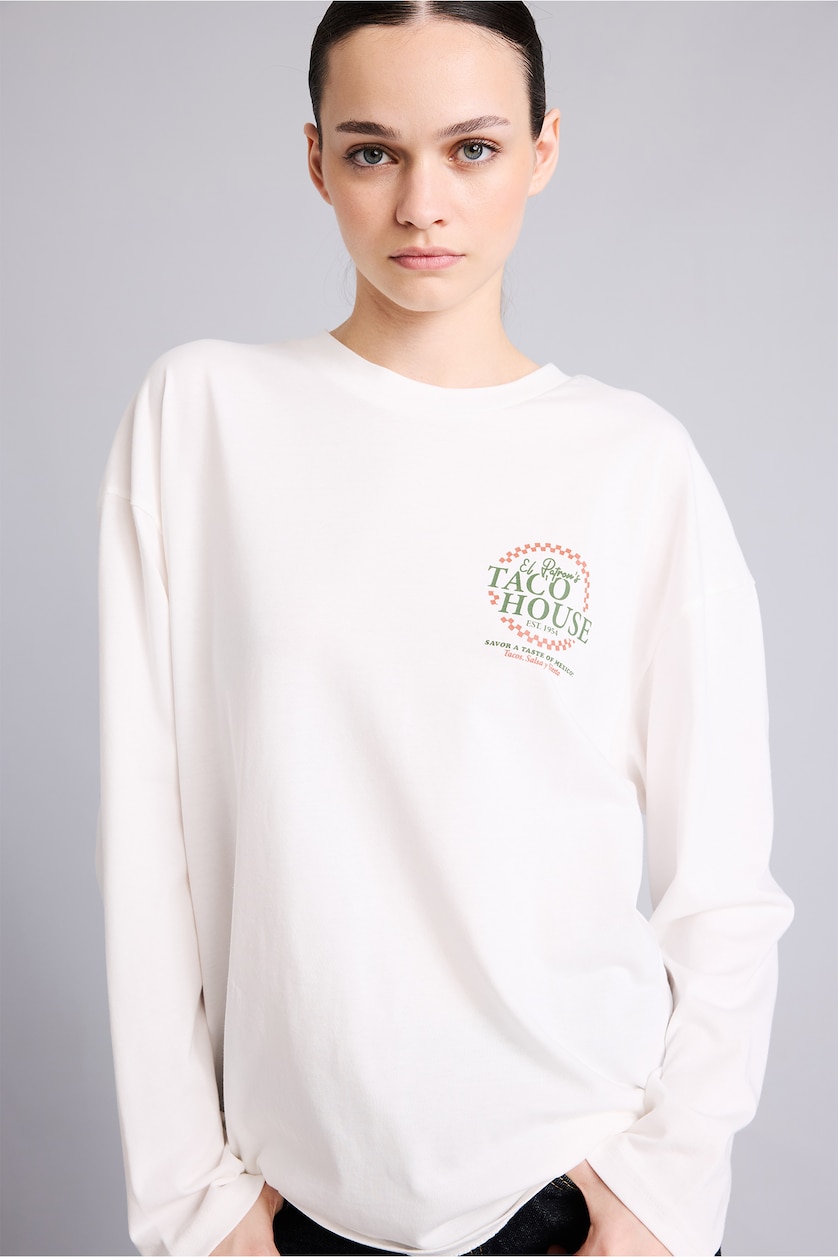 WOMAN White Oversize Crew Neck Printed Long Sleeve T-Shirt