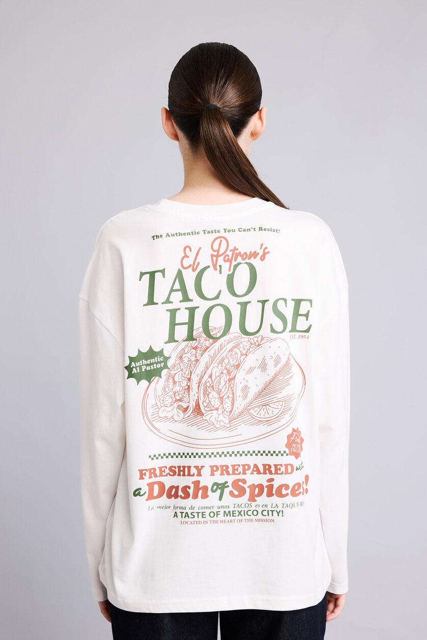 WOMAN White Oversize Crew Neck Printed Long Sleeve T-Shirt