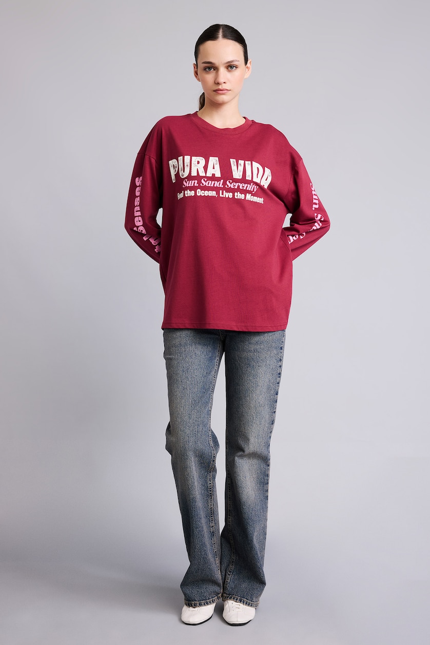 WOMAN Bordeaux Oversize Crew Neck Printed Long Sleeve T-Shirt