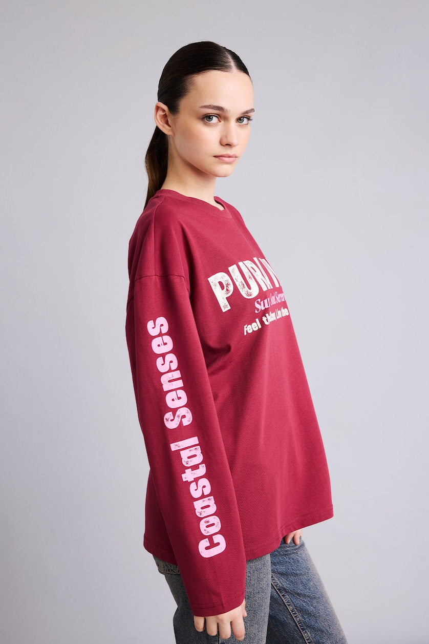 WOMAN Bordeaux Oversize Crew Neck Printed Long Sleeve T-Shirt