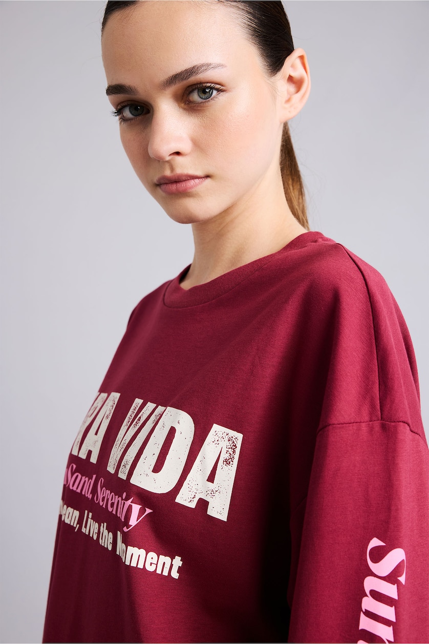 WOMAN Bordeaux Oversize Crew Neck Printed Long Sleeve T-Shirt