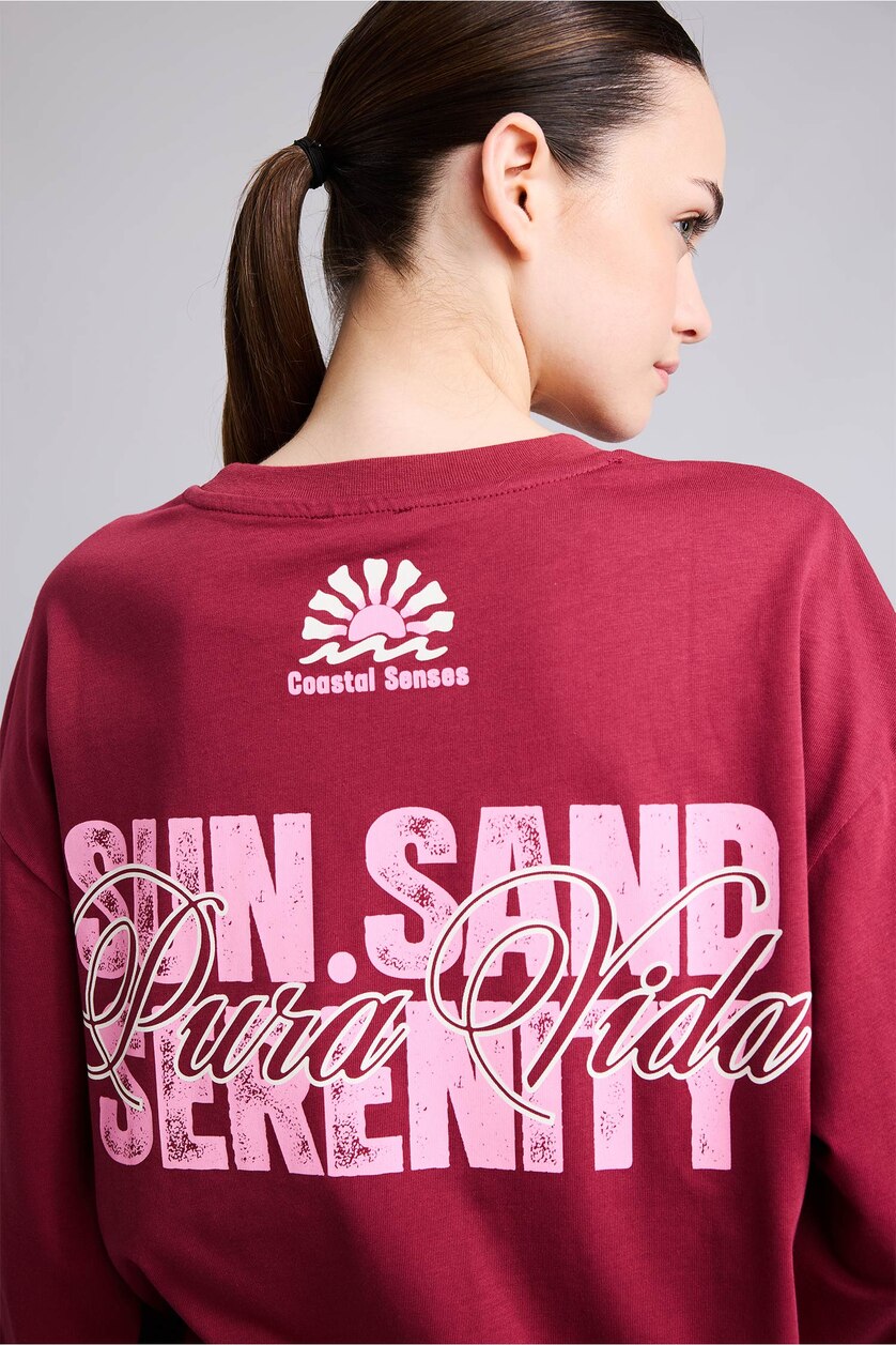 WOMAN Bordeaux Oversize Crew Neck Printed Long Sleeve T-Shirt
