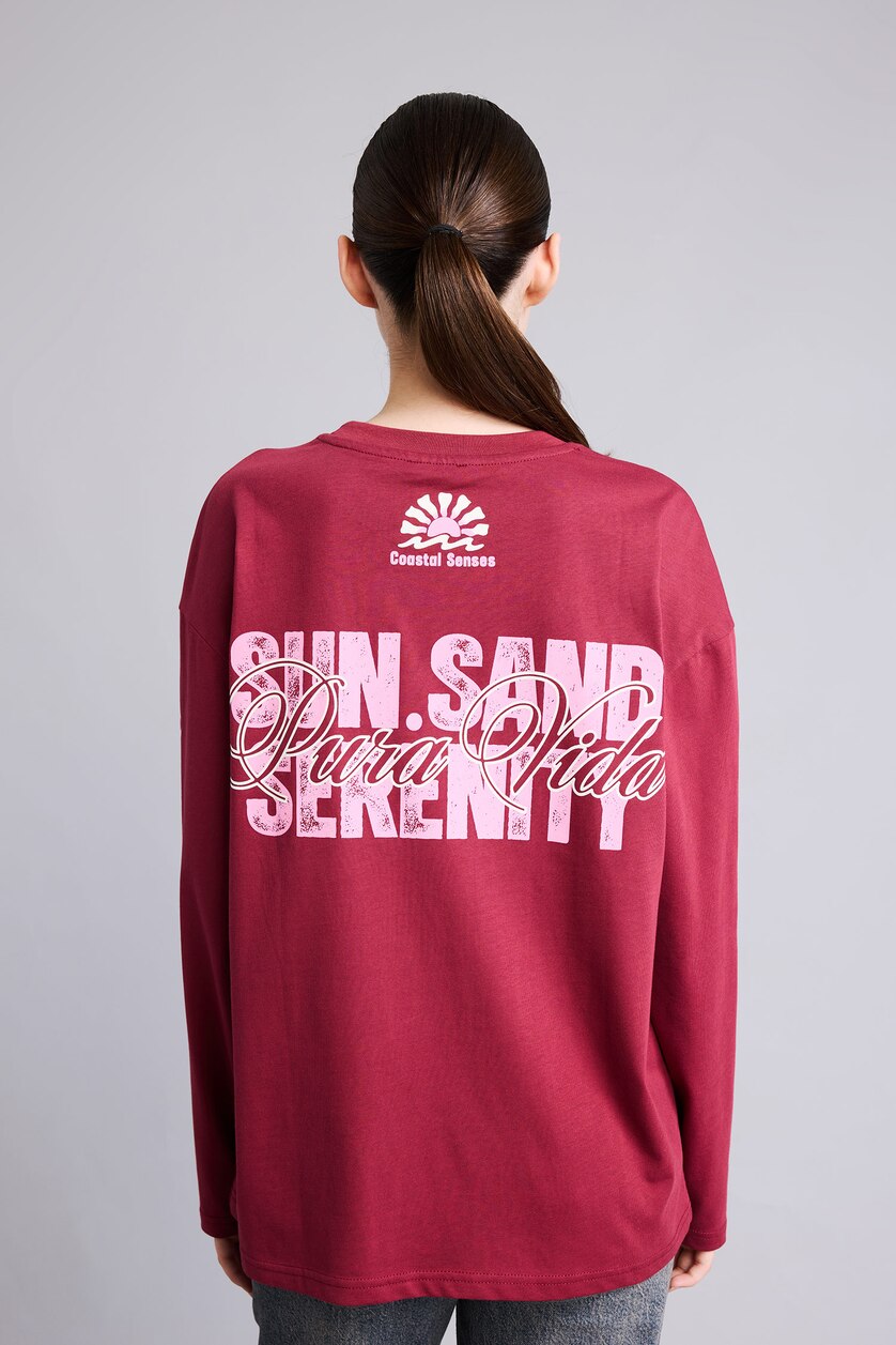 WOMAN Bordeaux Oversize Crew Neck Printed Long Sleeve T-Shirt