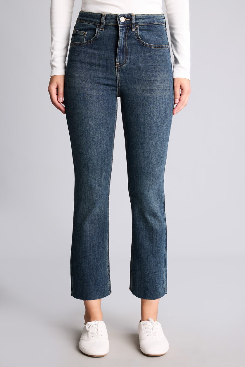 Kadın Koyu Mavi Crop Flare Fit Orta Bel Jean