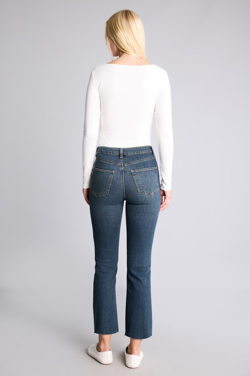 Kadın Koyu Mavi Crop Flare Fit Orta Bel Jean
