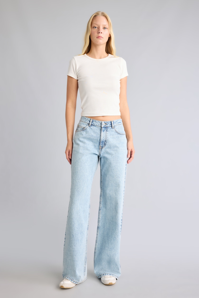 Kadın Açık Mavi Low Rise Wideleg Düşük Bel Jean