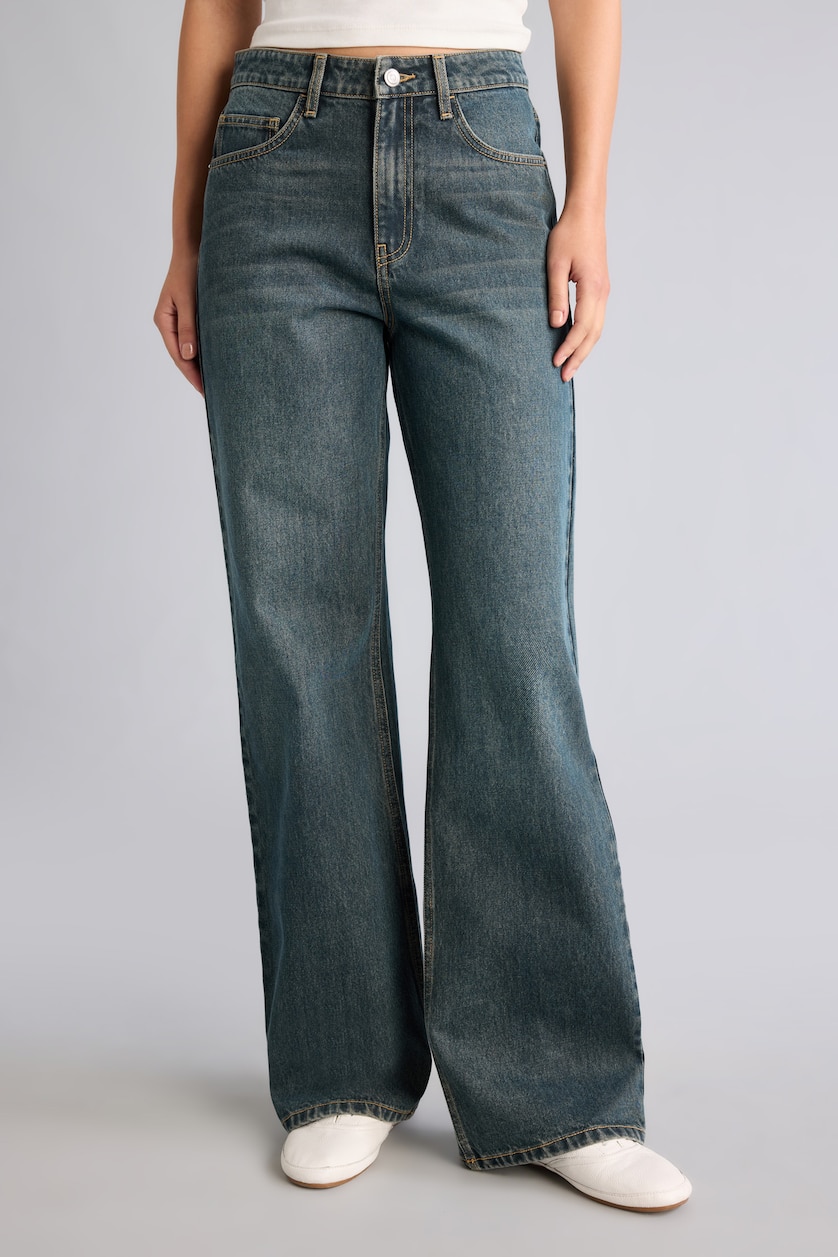 Kadın Koyu Mavi Straight Wide Yüksek Bel Jean