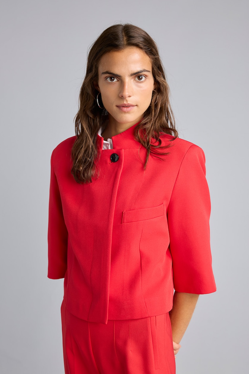 Kadın Kırmızı Cropped Fit Dik Yaka Ceket