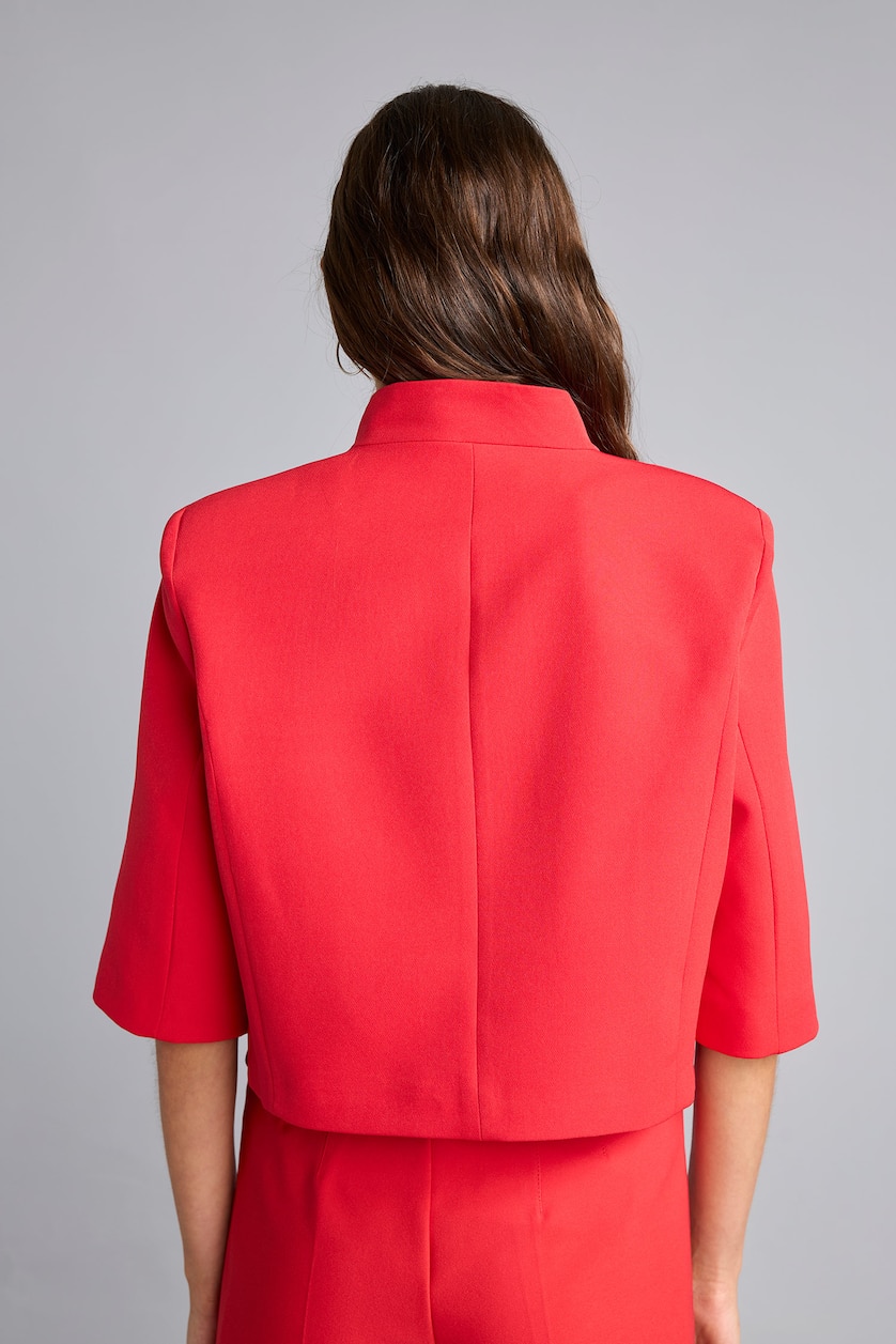 Kadın Kırmızı Cropped Fit Dik Yaka Ceket