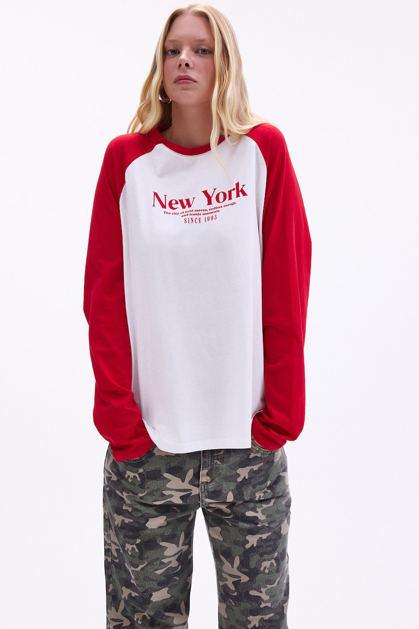 Women Ecru Oversize Fit 100% Cotton Printed Crew Neck Long Sleeve T-Shirt