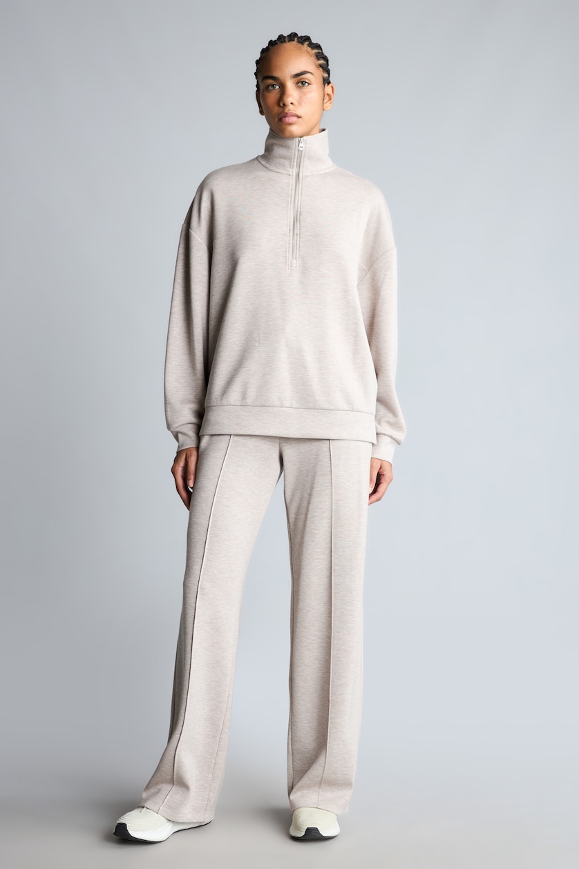 Kadın Bej Melanj Oversize Yarım Fermuarlı Modal Basic Sweatshirt