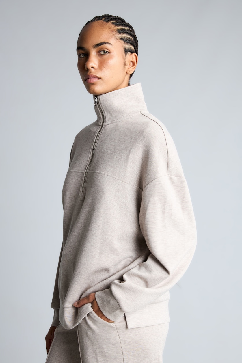 Kadın Bej Melanj Oversize Yarım Fermuarlı Modal Basic Sweatshirt