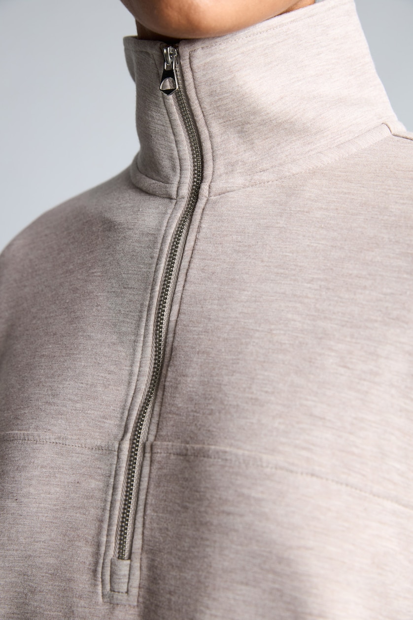 Kadın Bej Melanj Oversize Yarım Fermuarlı Modal Basic Sweatshirt