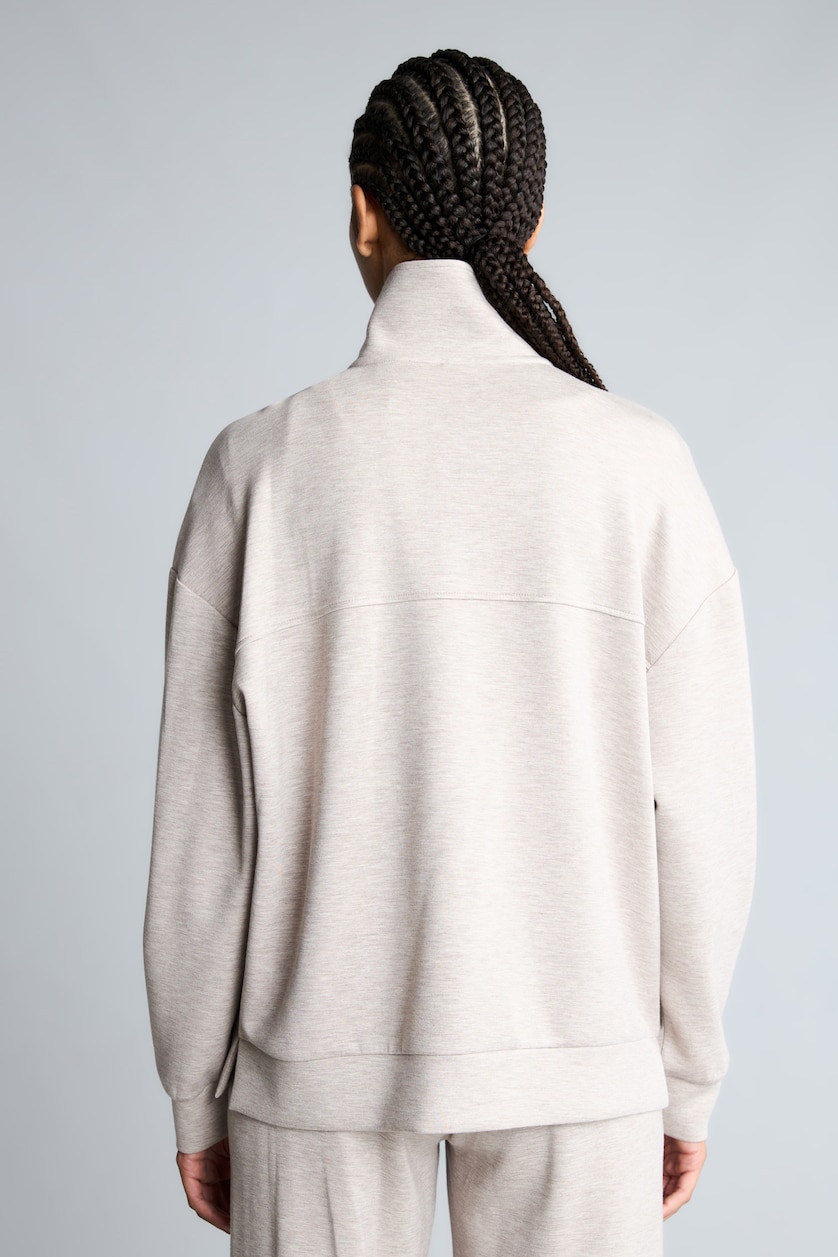 Kadın Bej Melanj Oversize Yarım Fermuarlı Modal Basic Sweatshirt