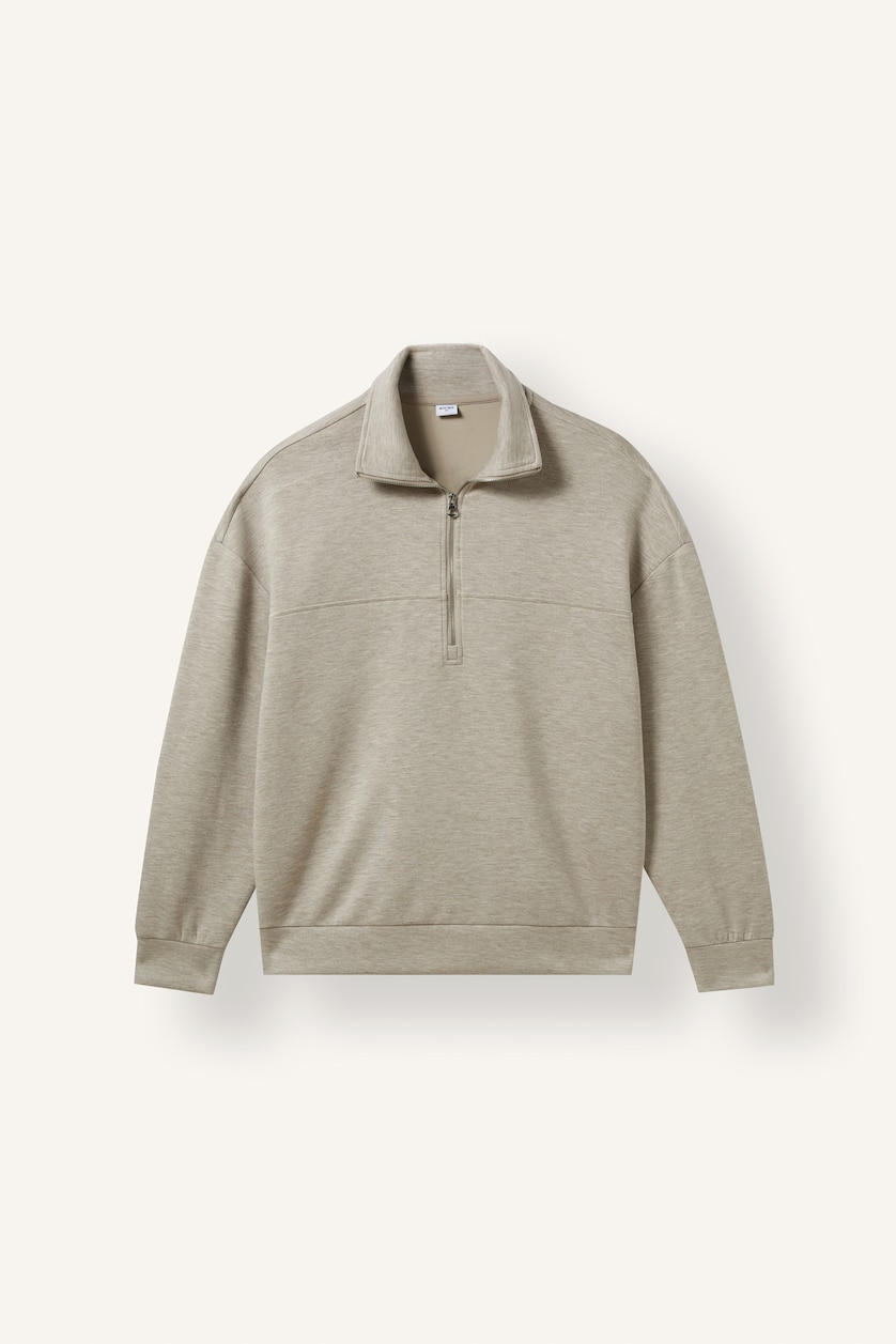 Kadın Bej Melanj Oversize Yarım Fermuarlı Modal Basic Sweatshirt