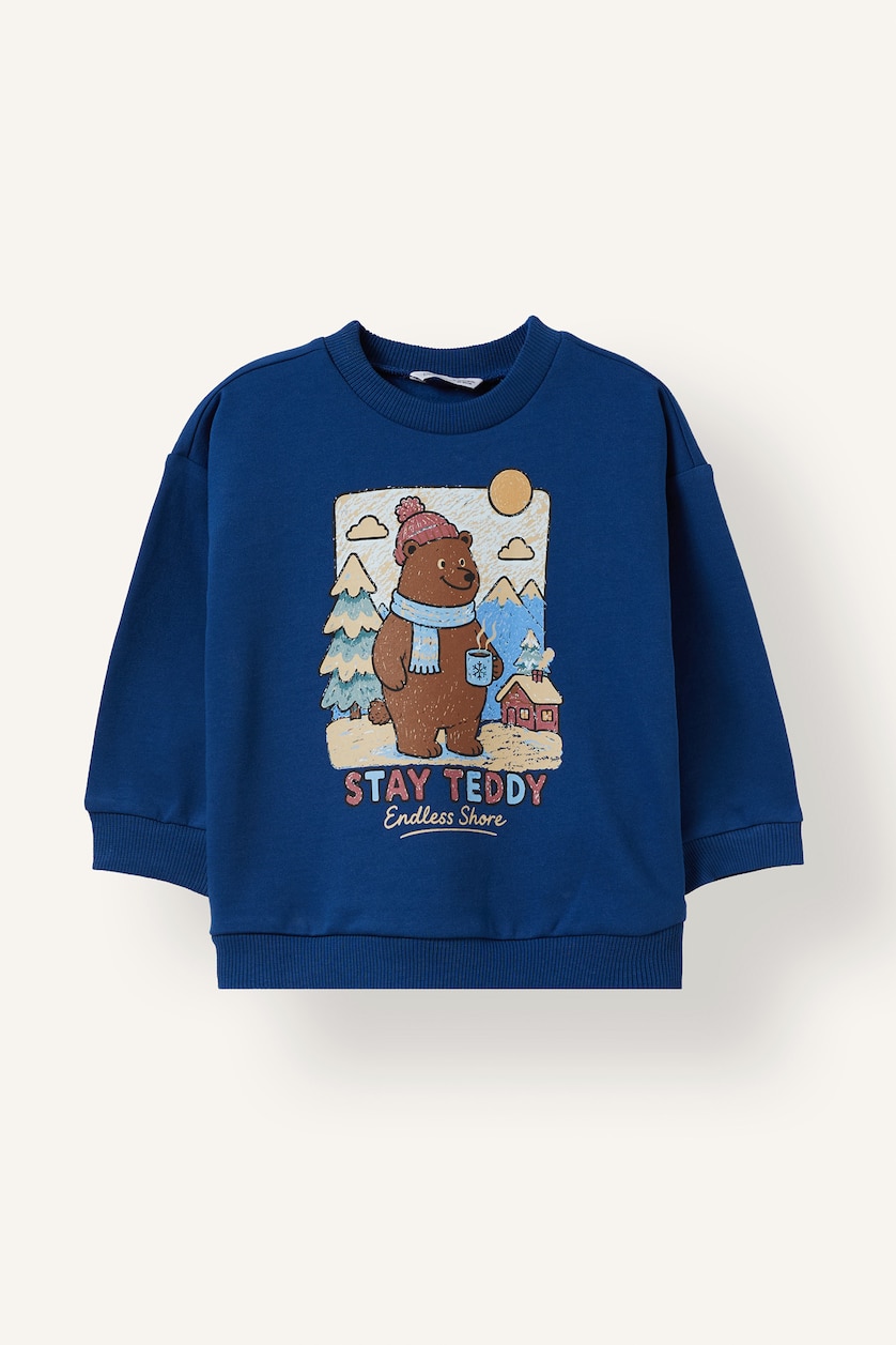 Erkek Bebek İndigo Ayı Baskılı Oversize Sweatshirt Erkek Bebek